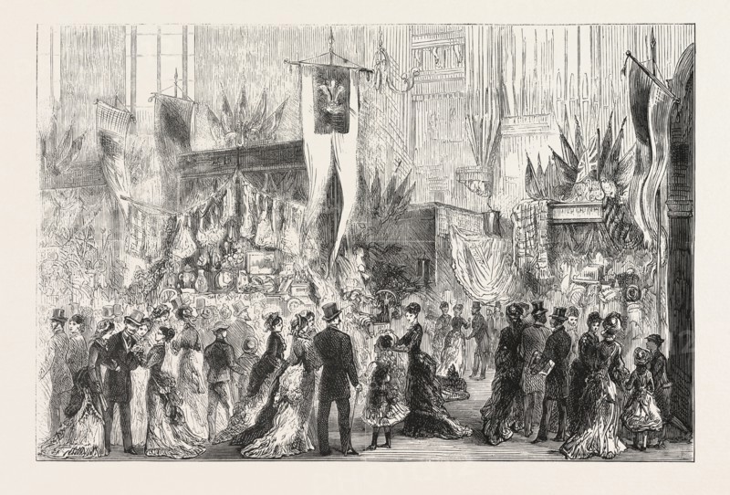 GRAND BAZAAR AT EXETER BALL IN AID OF THE NATIONAL TEMPERANCE HOSPITAL, ENGRAVING 1876, UK, britain, british, europe, united kingdom, great britain, european