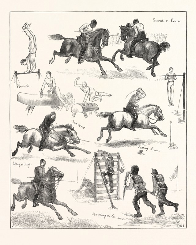 PEN-AND-INK SKETCHES AT THE GRAND MILITARY ATHLETIC MEETING AT LILLIE BRIDGE, ENGRAVING 1876, UK, britain, british, europe, united kingdom, great britain, european