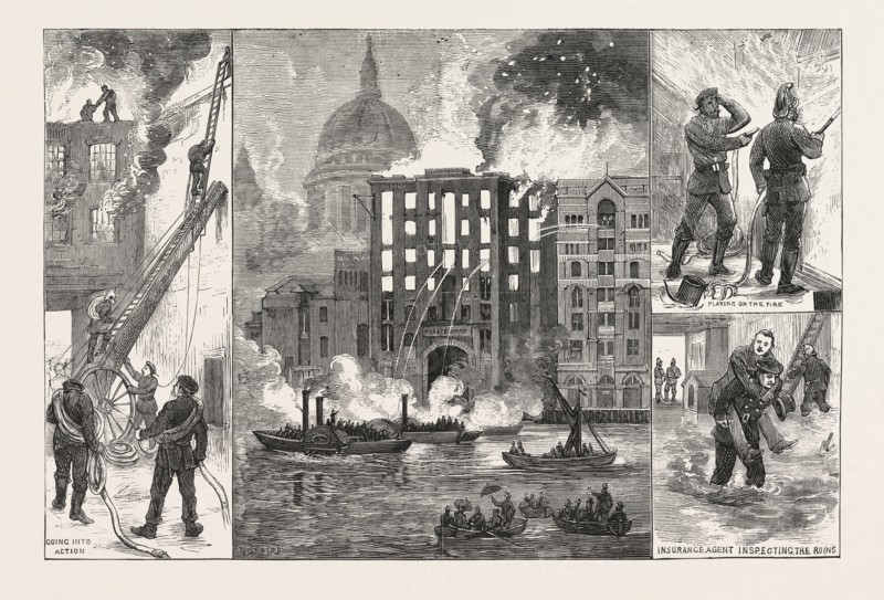 DETRUCTION OF BROOKS's WHARF, UPPER THAMES STREET, BY FIRE, LONDON, ENGRAVING 1876, UK, britain, british, europe, united kingdom, great britain, european