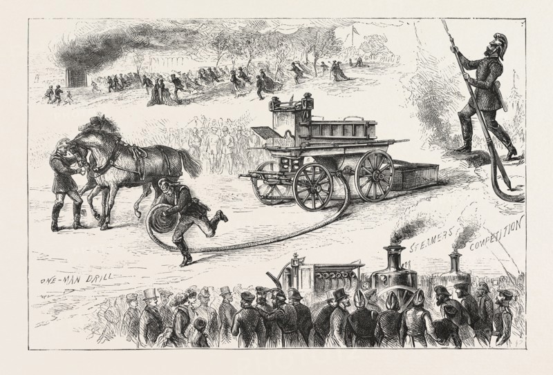 FIRE BRIGADE COMPETITION AT THE ALEXANDRA PALACE, LONDON, ENGRAVING 1876, UK, britain, british, europe, united kingdom, great britain, european