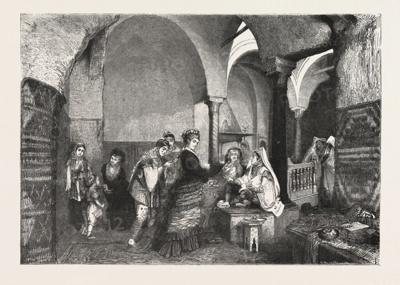 DOMESTIC LIFE IN THE EAST VISIT OF EUROPEAN LADIES TO A HAREM AT TUNIS Tunisia ENGRAVING 1876