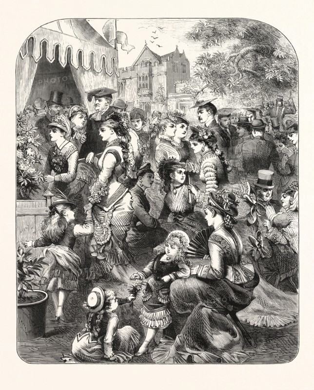 OXFORD COMMEMORATION: THE FLOWER SHOW IN THE GROUNDS OF ST. JOHN'S COLLEGE, DRAWING BY F. KIRBY, ENGRAVING 1876, UK, britain, british, europe, united kingdom, great britain, european