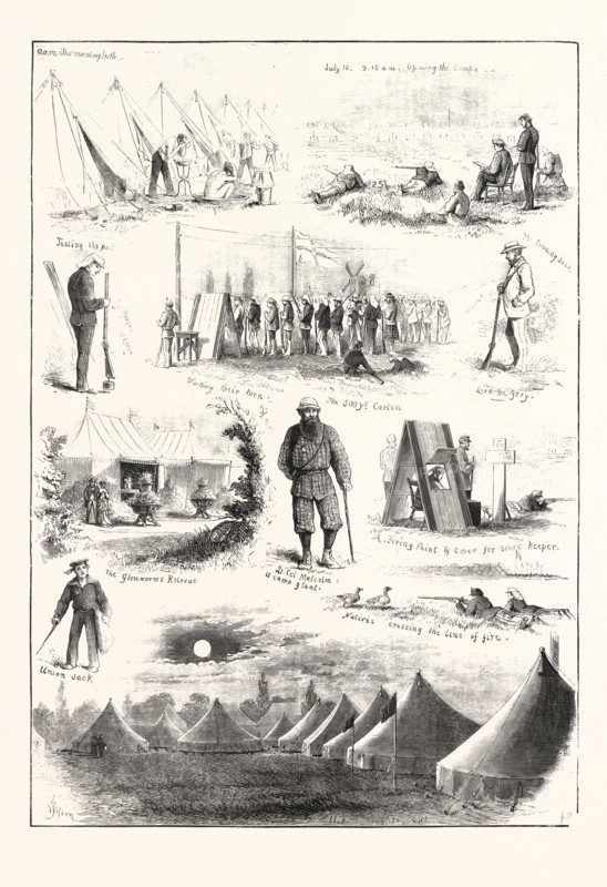 LIFE UNDER CANVAS, SKETCHES AT THE VOLUNTEER CAMP AT WIMBLEDON, ENGRAVING 1876, UK, britain, british, europe, united kingdom, great britain, european