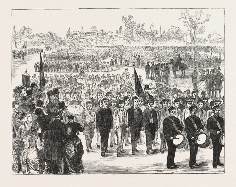 DRILL INSPECTION OF BOYS ATTENDING SCHOOLS UNDER THE CONTROL OF THE SCHOOL BOARD FOR LONDON, IN REGENTS PARK, LONDON, ENGRAVING 1876, UK, britain, british, europe, united kingdom, great britain, european