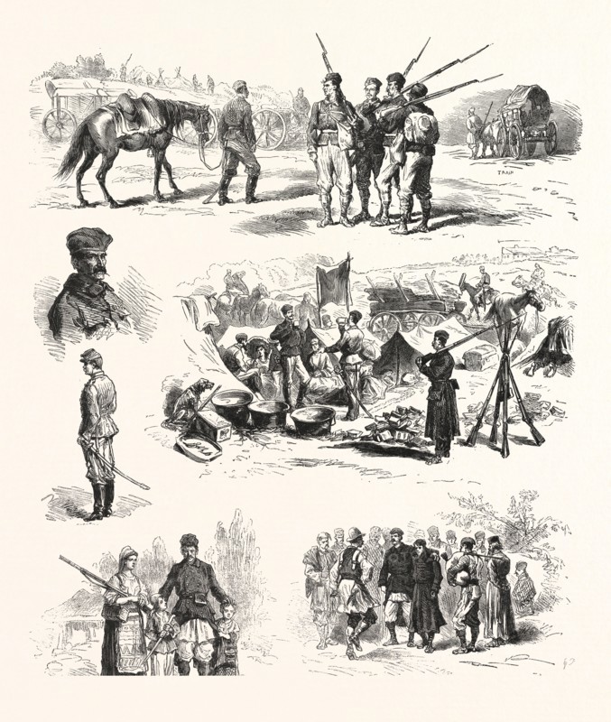 THE TURCO SERVIAN WAR: CAVALRY AND INFANTRY OF THE RESERVE OFFICERS, THE CAMP ADIEU SOLDIERS DANCING, ENGRAVING 1876