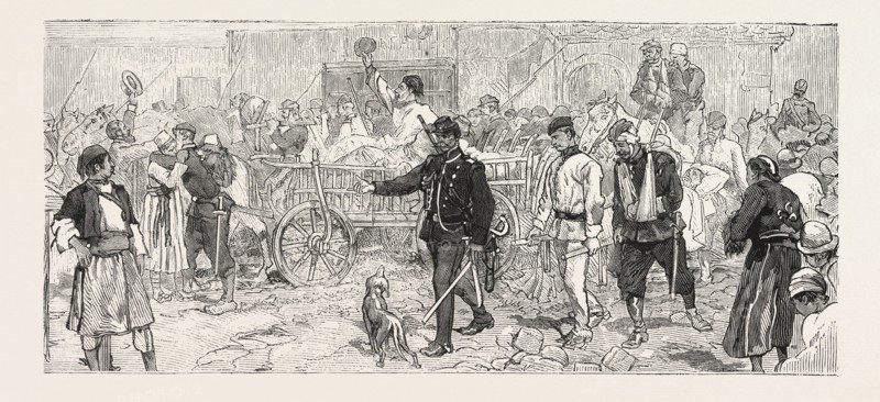 THE TURCO SERVIAN WAR, A CONVOY OF WOUNDED SOLDIERS ARRIVING AT BELGRADE, ENGRAVING 1876