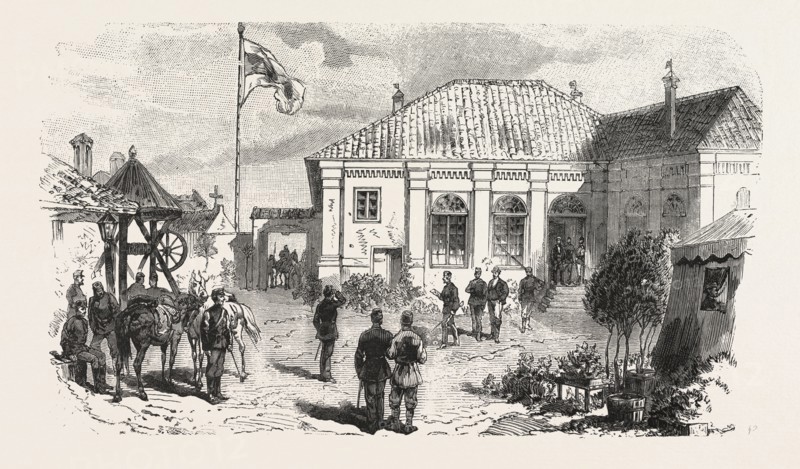 THE TURCO SERVIAN WAR: PRINCE MILAN'S HEAD-QUARTERS AT PARACHIN, ENGRAVING 1876