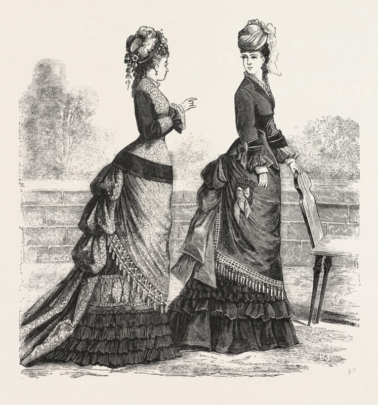 FASHION TWO NEW WALKING COSTUMES, ENGRAVING 1876, UK, britain, british, europe, united kingdom, great britain, european