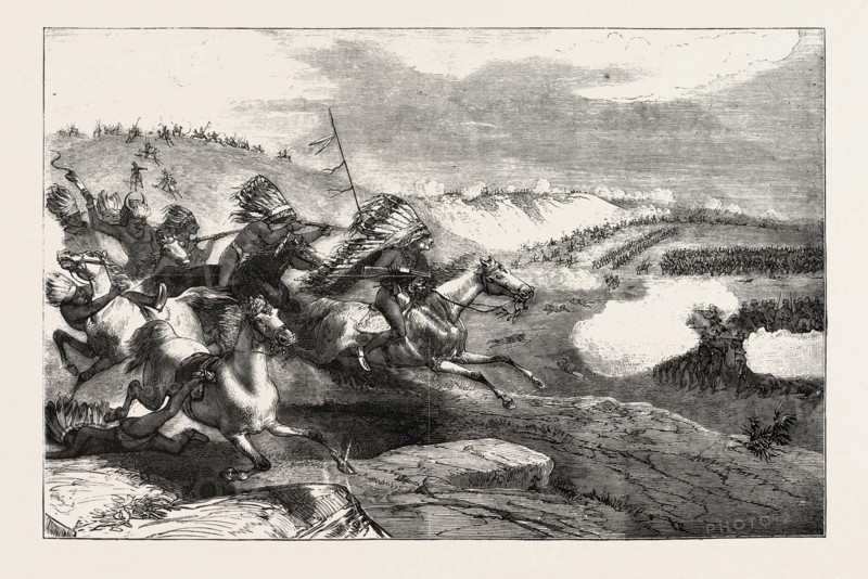 THE SIOUX WAR IN AMERICA A TROOP OF INDIANS CHARGING COLONEL ROYALL's DETACHMENT OF CAVALRY, ENGRAVING 1876, US, USA, America, United States