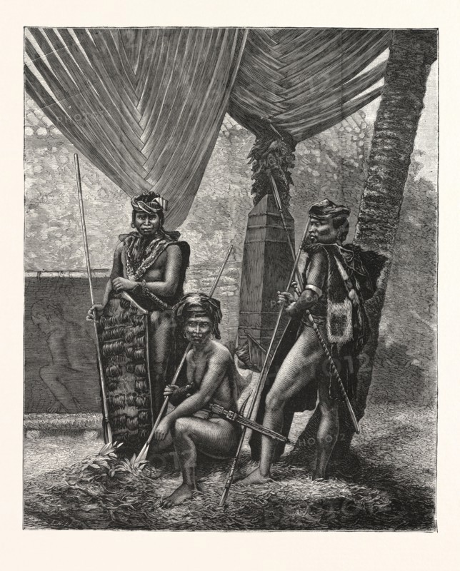 RECENT PIRACY AT THE STRAITS SETTLEMENTS : DYAKS OF BORNEO, ENGRAVING 1876