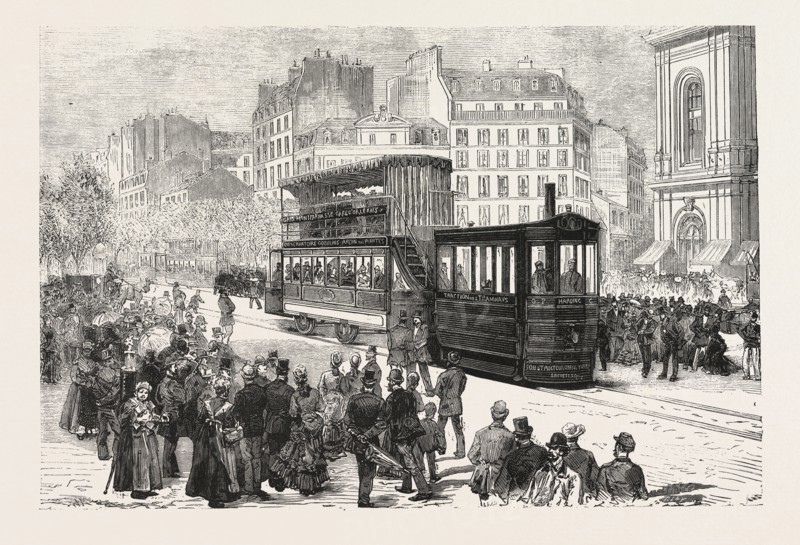 NEW ENGINE FOR PROPELLING TRAMWAY CARS, NOW IN USE IN PARIS, BETWEEN MONT PARNASSE AND THE BRIDGE OF AUSTERLITZ, FRANCE, ENGRAVING 1876