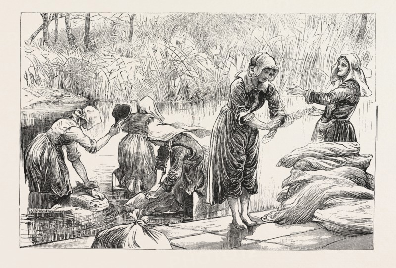 SKETCHES IN BRITTANY, FRANCE,  WOMEN OF VANNES WASHING, DRAWING BY PERCY MACQUOID