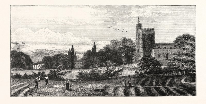 THE NORTH OF LONDON, HORNSEY CHURCH, FROM CHURCH PATH FIELDS, ENGRAVING 1876, UK, britain, british, europe, united kingdom, great britain, european