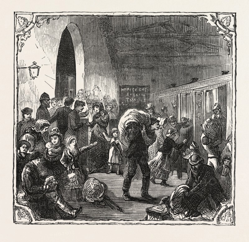 HOPS AND HOP PICKERS, IN A KENTISH HOP GARDEN, KENT, ENGLAND, LEAVING LONDON ; A SKETCH AT VICTORIA RAILWAY STATION, ENGRAVING 1876, UK, britain, british, europe, united kingdom, great britain, european