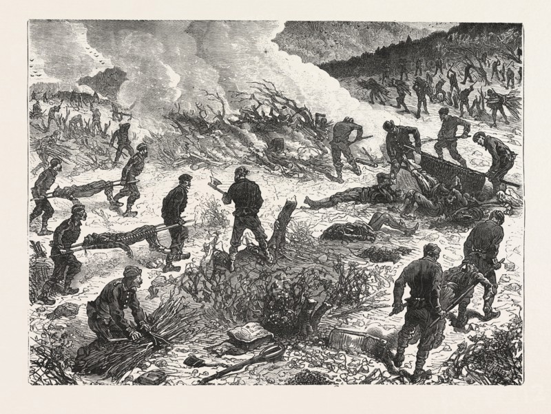 THE WAR: SERVIAN SOLDIERS BURNING THE BODIES OF TURKS KILLED IN THE FIGHT OF AUGUST 23, AND UNRECOVERED ON THE 27TH, IN THE WOOD OF BUIMIR, NEAR ALEXINA, ENGRAVING 1876