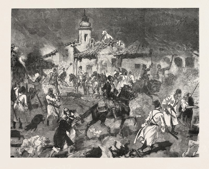 TURKO SERVIA WAR, ARNAUTS AND CIRCASSIANS AND BURNING WITH PETROLEUM THE VILLAGE OF TESICA, ENGRAVING 1876