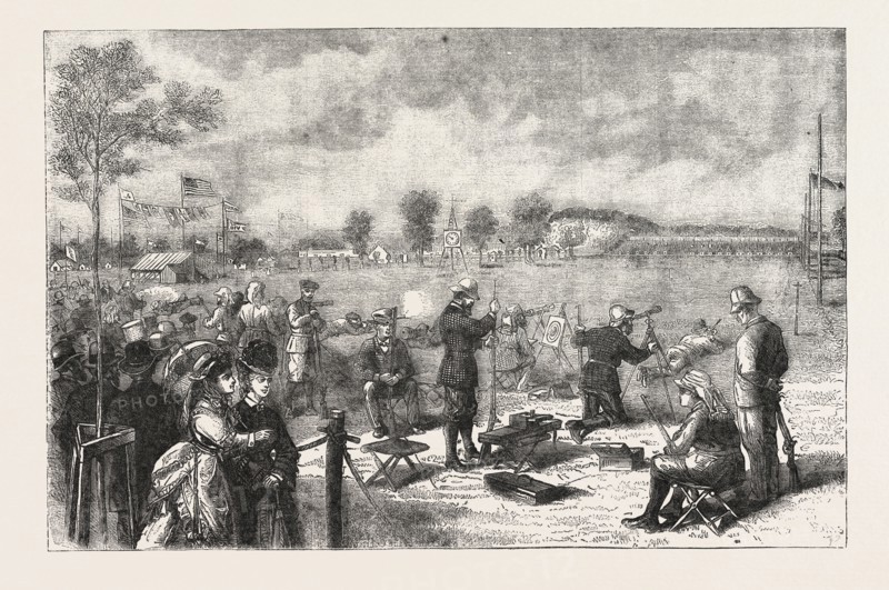 THE INTERNATIONAL RIFLE MATCH AT CREEDMOOR, BETWEEN AMERICAN, IRISH, SCOTCH, AUSTRALIAN, AND CANADIAN TEAMS, ENGRAVING 1876, US, USA, America, United States