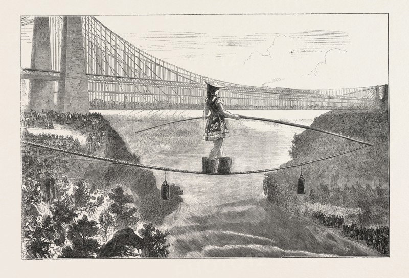 MDLLE. SPELTERINI CROSSING THE NIAGARA RIVER  ON A TIGHT ROPE, The Niagara River is a river that flows north from Lake Erie to Lake Ontario. It forms part of the border between the Province of Ontario in Canada (on the west) and New York State in the United States, ENGRAVING 1876