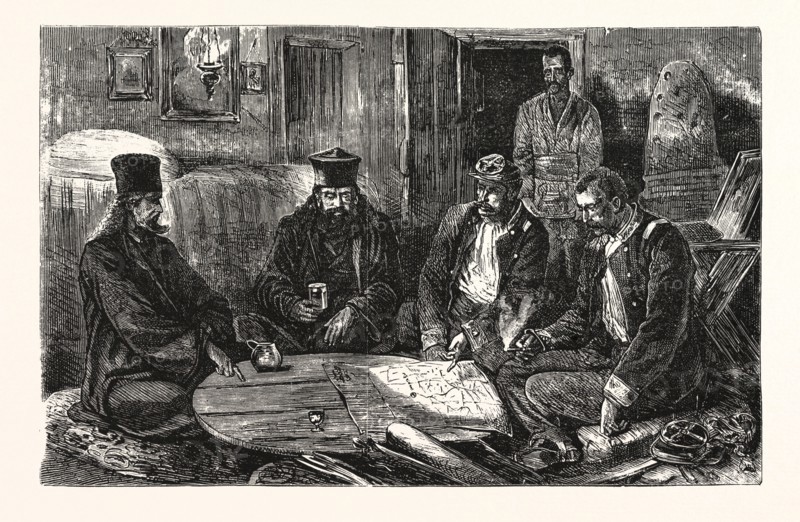 THE WAR, SERVIAN STAFF OFFICERS AND MONKS HOLDING A COUNCIL OF WAR IN THE MONASTERY OF ST. ARANDJEL, ENGRAVING 1876