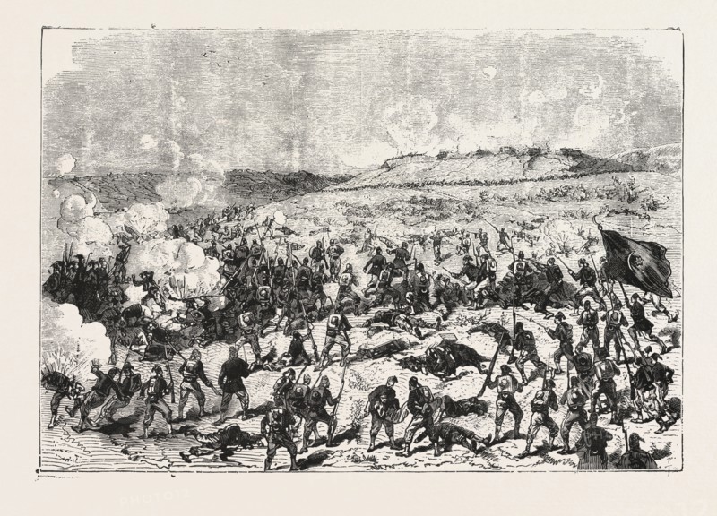 THE WAR, ATTACK ON THE REDOUBT OF SCHUMATORAZ  BY THE TURKISH IMPERIAL GUARD, ENGRAVING 1876