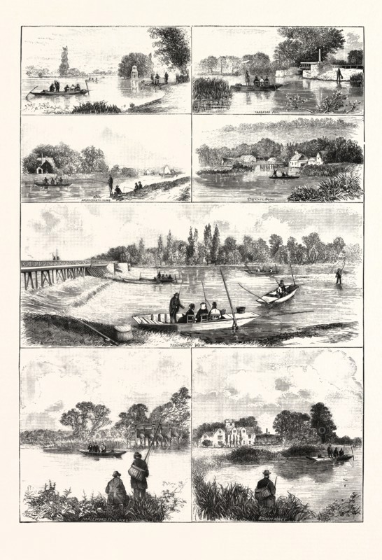 FISHING NOOKS ON THE THAMES, ENGRAVING 1876, UK, britain, british, europe, united kingdom, great britain, european