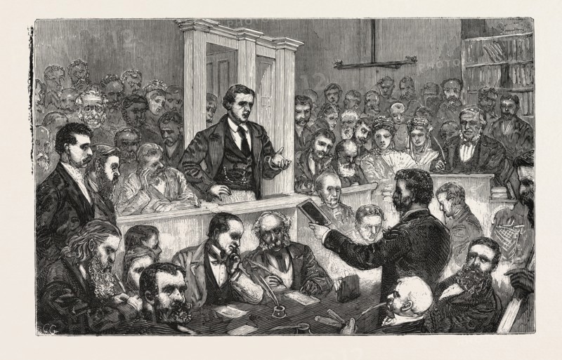 THE DR. SLADE PROSECUTION, SKETCH IN COURT DURING THE SECOND HEARING,  RE-EXAMINATION OF PROFESSOR LANKESTER, ENGRAVING 1876, UK, britain, british, europe, united kingdom, great britain, european