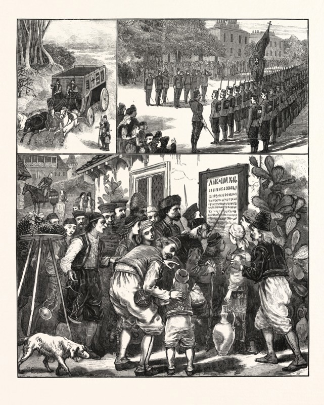 THE TURKO-SERVIAN WAR, PRINCE MILAN AND STAFF SALUTING THE SACRED FLAG OF RUSSIA, VILLAGE OF SEMENDRIA, READING ACCOUNTS OF THE LAST BATTLE, ENGRAVING 1876