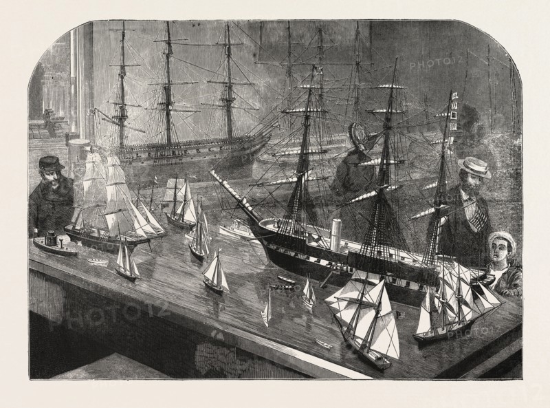 MODEL OF A FLEET OF VESSELS ON THE PHILADELPHIA EXHIBITION, FULL RIGGED SHIP, SCHOONER YACHT, TOP SAIL SCHOONER, CAT-BOAT, STEAM FRIGATE, BARQUE, PILOT BOAT, SAIL BOAT, ENGRAVING 1876, US, USA, America, United States