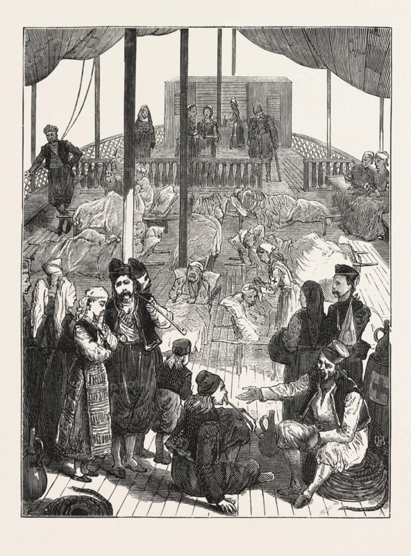 WOUNDED SERVIANS BEING TAKEN UP THE DANUBE FROM THE FRONT, ENGRAVING 1876