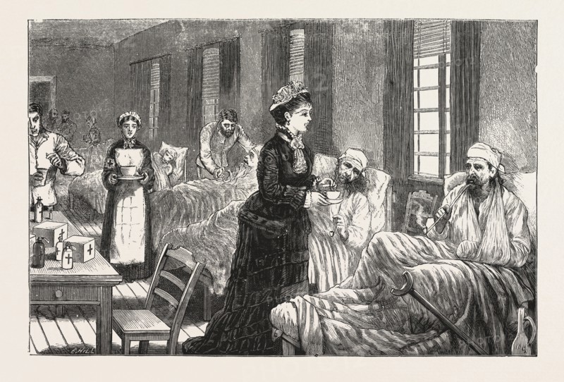 IN THE KATHERINE HOSPITAL, BELGRADE, SERBIA, ENGRAVING 1876