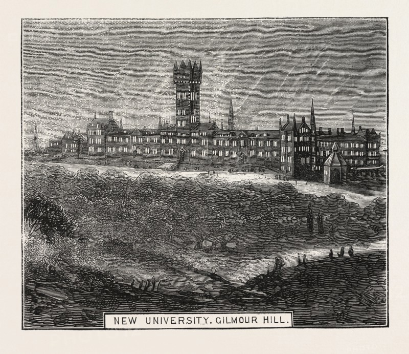 SKETCHES DURING THE PRINCE AND PRINCESS OF WALES'S RECENT VISIT TO GLASGOW, NEW UNIVERSITY, GILMOUR HILL, ENGRAVING 1876, UK, britain, british, europe, united kingdom, great britain, european