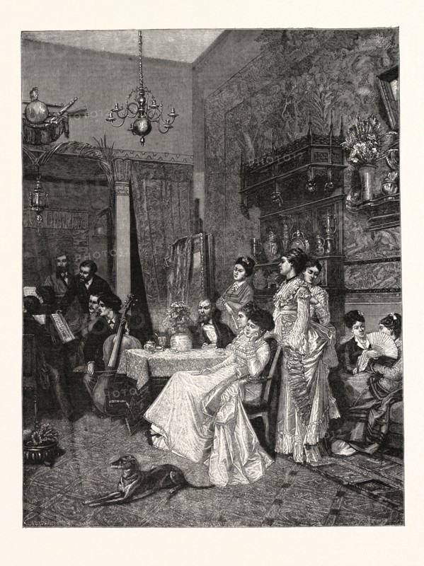 A CHAMBER CONCERT, PICTURE BY ADRIEN MOREAU IN THE PARIS SALON, ENGRAVING 1876