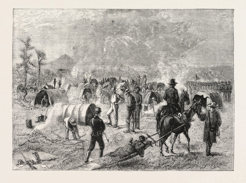 GENERAL CROOK'S CAMP AT WHITEWOOD CREEK: BRINGING IN A WOUNDED SOLDIER ON A TRAVAU, THE SIOUX WAR, , ENGRAVING 1876, US, USA, America, United States