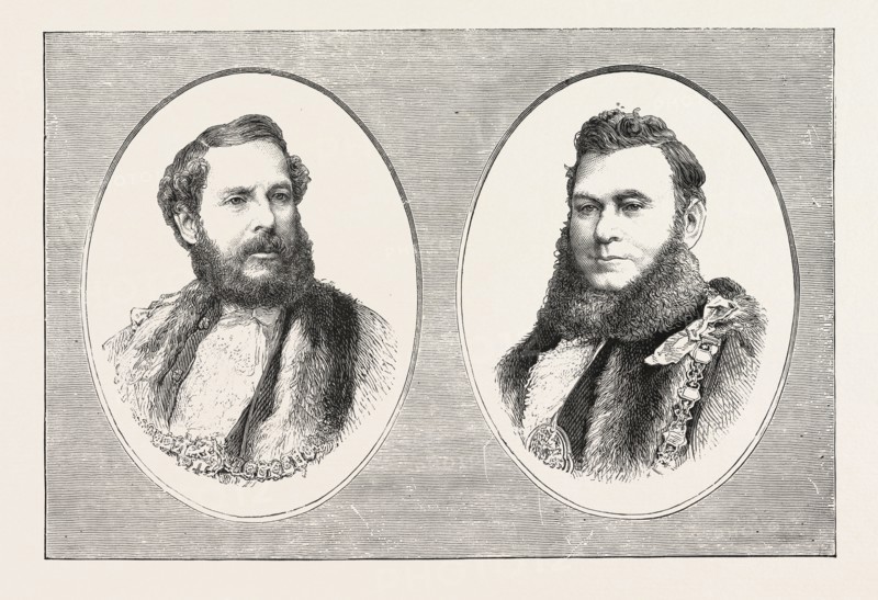 MR. SHERIFF EAST AND MR. ALDERMAN AND SHERIFF HADLEY, THE SHERIFFS ON LONDON AND MIDDLESEX, ENGRAVING 1876, UK, britain, british, europe, united kingdom, great britain, european