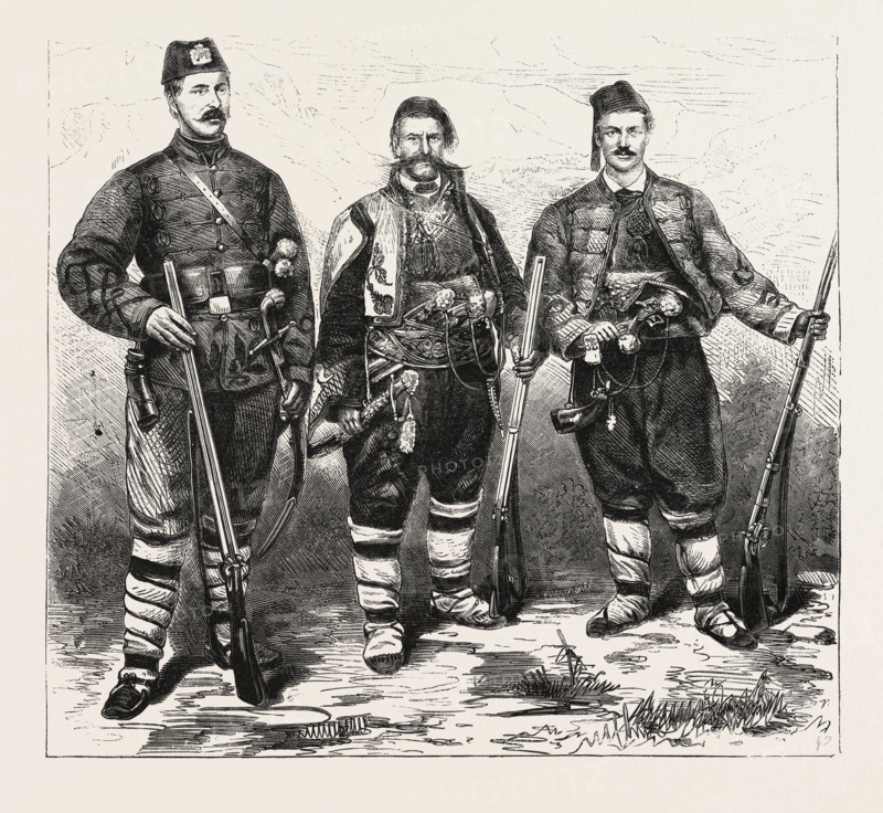 THE WAR, TWO  MEMBERS OF THE YOUNG BULGARIAN ON THE RIGHT, ENGRAVING 1876