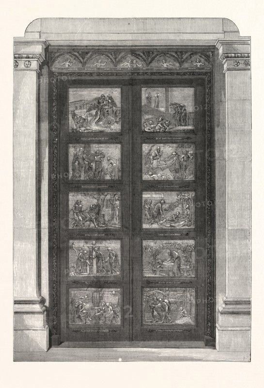 THE BRONZE DOORS PRESENTED BY THE DUKE OF BEDFORD TO BU YAN MEETING, BEDFORD, ENGRAVING 1876, UK, britain, british, europe, united kingdom, great britain, european