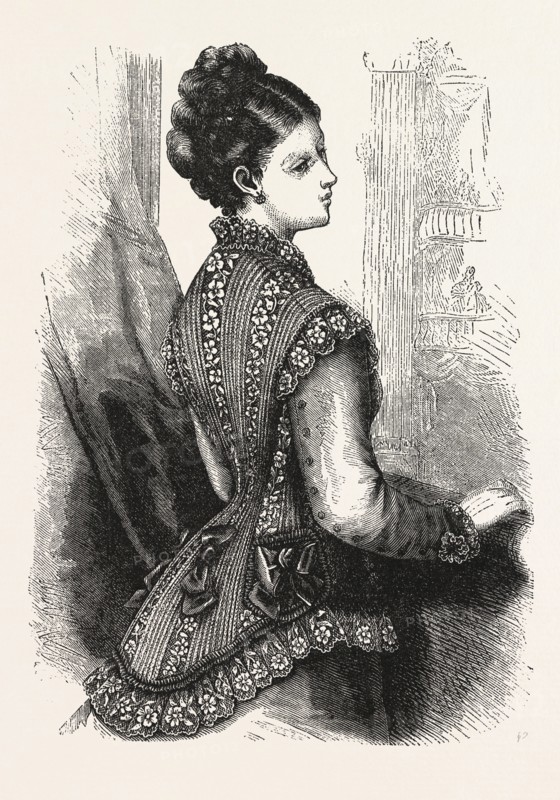 FASHION, NET INSERTION AND LACE SLEEVELESS JACKET, ENGRAVING 1876, UK, britain, british, europe, united kingdom, great britain, european