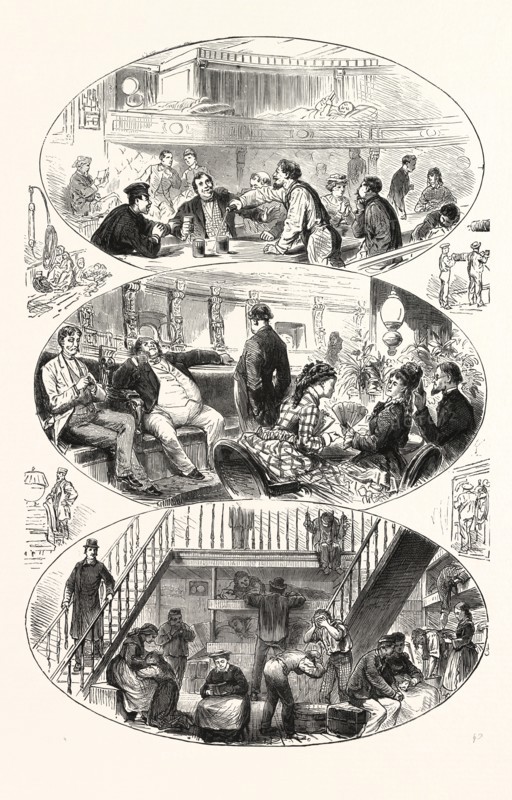 PHASES OF LIFE ON BOARD AN ATLANTIC STEAMER, ENGRAVING 1876