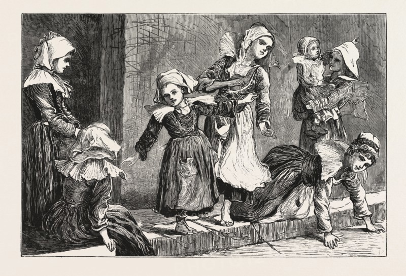 SKETCHES IN BRITTANY, FRANCE, CHILDREN PLAYING THE GAME OF ANABEL, ENGRAVING 1876