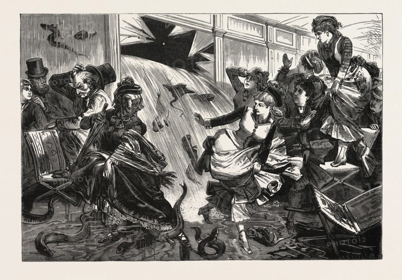 EXCITING SCENE AT THE NEW YORK AQUARIUM, BURSTING OF ONE OF THE FISH TANKS, ENGRAVING 1876, US, USA, America, United States