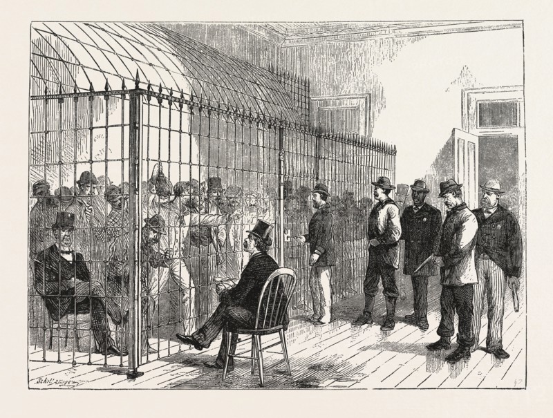 VOTERS ON ELECTION-DAY IN THE NEW POST OFFICE, NEW YORK, ENGRAVING 1876, US, USA, America, United States