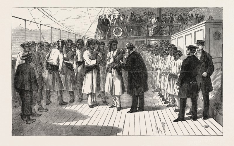 VACCINATING THE CREW OF A P. AND O. STEAMER AT VICTORIA, ENGRAVING 1876