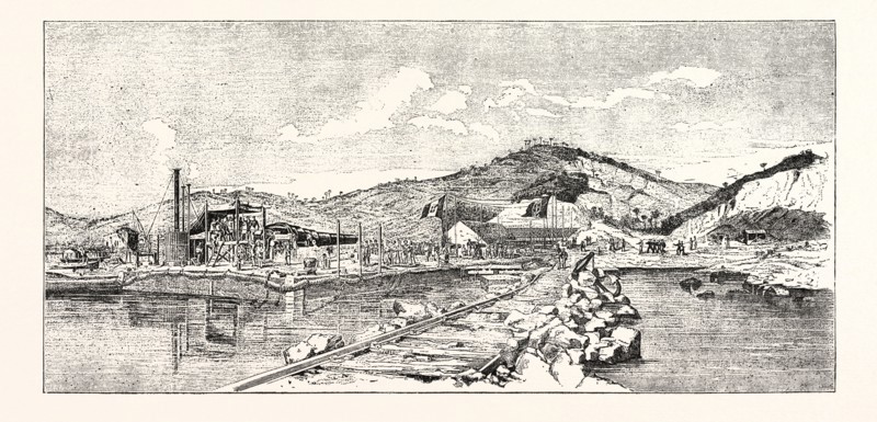 EXPERIMENTS WITH THE 100 TON GUN AT SPEZIA OR LA SPEZIA, ITALY , ENGRAVING 1876