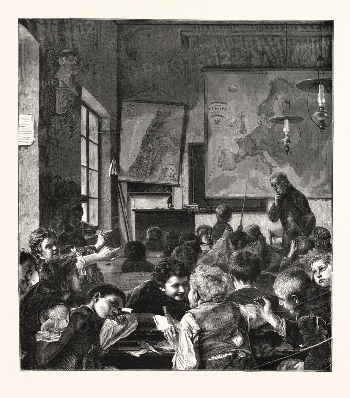 PREPARING FOR THE CHRISTMAS HOLIDAYS, THE INTERRUPTED LESSON, ENGRAVING 1876