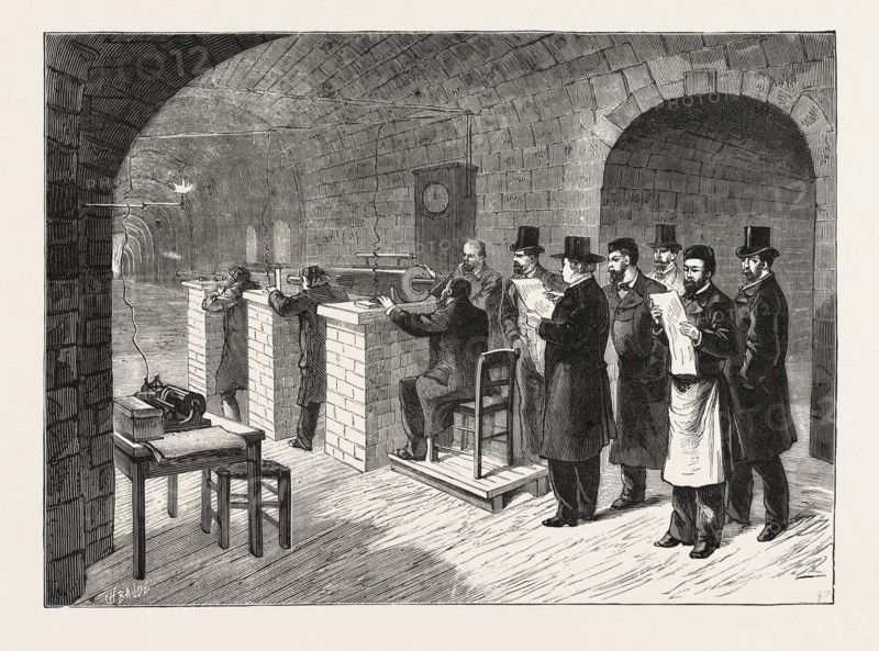ASTRONOMICAL EXPERIMENTS IN THE CAVES OF THE NORMAL SCHOOL, PARIS, FRANCE, ENGRAVING 1876