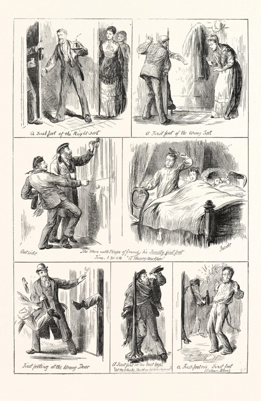 NEW YEAR'S DAY IN SCOTLAND, FIRST FOOTING, ENGRAVING 1876, UK, britain, british, europe, united kingdom, great britain, european