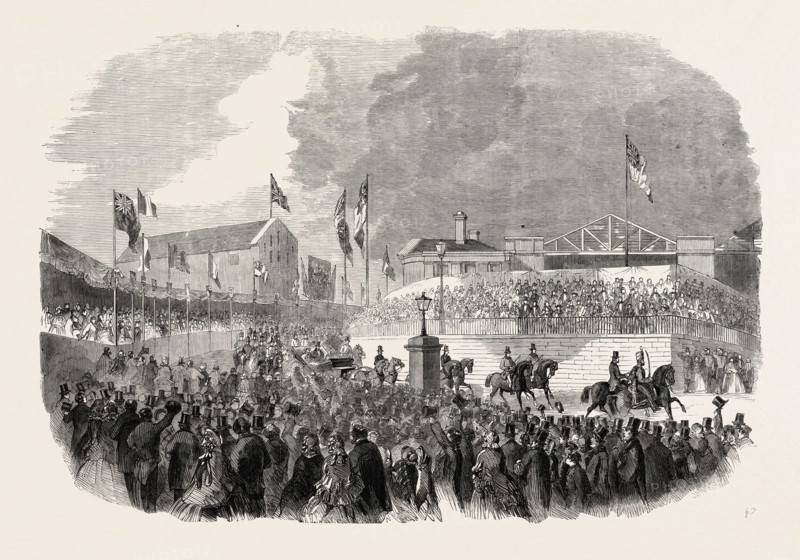 QUEEN VICTORIA'S VISIT TO LEEDS, UK: HER MAJESTY LEAVING THE RAILWAY STATION EN ROUTE TO WOODSLEY HOUSE, 1858