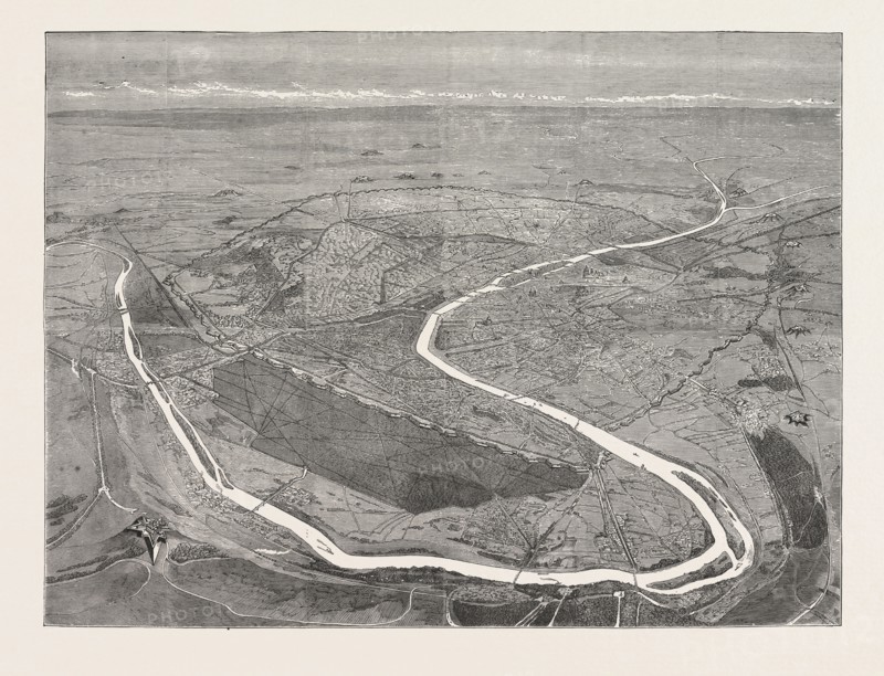 FRANCO-PRUSSIAN WAR: BIRD'S-EYE VIEW OF PARIS AND ITS FORTIFICATIONS, FRANCE, 1870