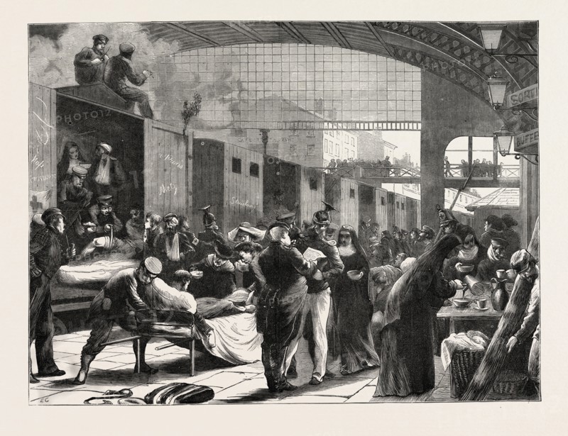 FRANCO-PRUSSIAN WAR: SCENE AT A RAILWAY STATION ON THE ARRIVAL OF A TRAIN WITH WOUNDED PEOPLE, 1870