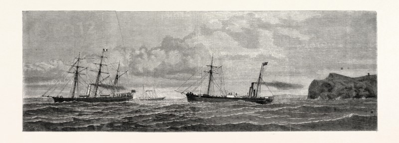 THE ATLANTIC TELEGRAPH: PAYING OUT THE SHORE END OF THE CABLE FROM THE CAROLINE OFF VALENCIA, SPAIN, 1865